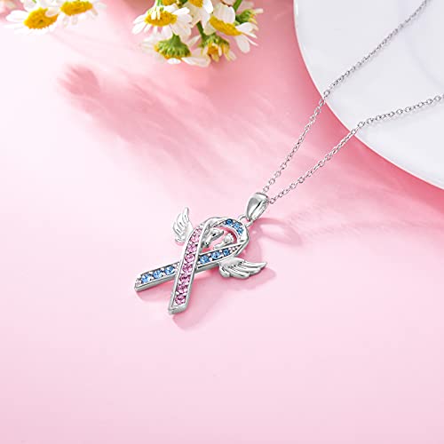 AOBOCO 925 Sterling Silver Mommy Of Angel Pink and Blue Ribbon Necklace Pregnancy Loss Infant Child Loss Awareness Sympathy Miscarriage Pendant Memorial Jewelry Gift for Mother3