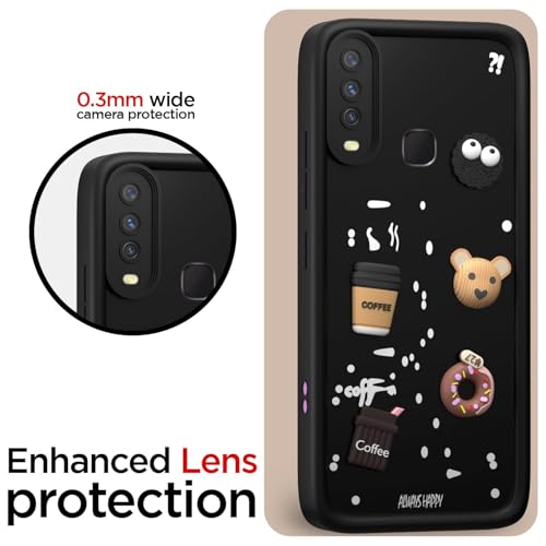 Image of Bintage Cute Fun Ball | Taddy Cartoon 3D Smiley Coffee Cup | Milk Donut | Full Camera Protection Back Cover Compatible for Vivo 1902 / Y17 / Y15 / Y12 / U10 - Black