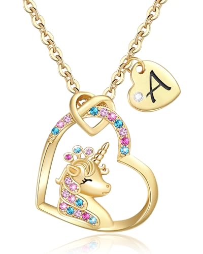 Unicorn Gifts for Girls, Colorful CZ Heart Unicorn Necklaces Initial Necklace Birthday Christmas Gift for Girls Teens