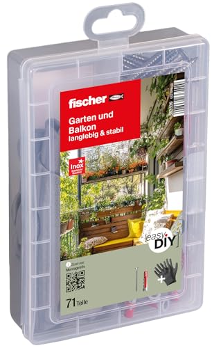 fischer easyDIY 71 Piece Garden and Balcony Box - Durable and Sturdy Dowels Set with Rustproof Screws - 6-8mm Diameter, 30-40mm Length, DIY - Includes Size 9 Gardening Gloves