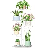 LASZOLA White 4 Tiered Plant Stand Indoors Heavy Duty Metal Rack, Sturdy Multi Level Shleving Hold Flowers, Larger House Decorate Ladder for Planting Inside Tree Herb Cactus, Wooden Base, Space Saving