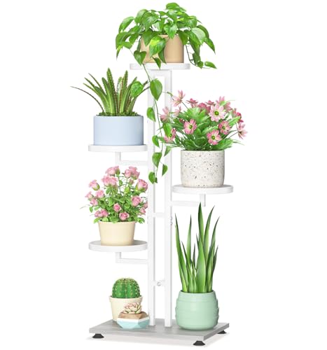 LASZOLA White 4 Tiered Plant Stand Indoors Heavy Duty Metal Rack, Sturdy Multi Level Shleving Hold Flowers, Larger House Decorate Ladder for Planting Inside Tree Herb Cactus, Wooden Base, Space Saving