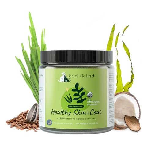 kin+kind Organic Multivitamin for Dogs & Cats - Vitamins and Supplements for Healthy Skin and Coat - Natural Formula with Wheatgrass, Kelp, Flax Seed, Seaweed and Coconut - Large 8 oz - Made in USA Cover