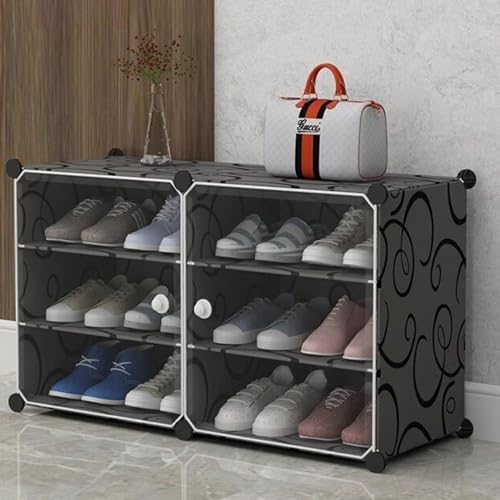Image of Plastic Shoe Rack for Home with Door, 2 Door 6 Shelf | DIY Shoe Stand Organizer Cabinet for 12 Pairs Storage | Portable Slipper & Chappal Stand (Black)