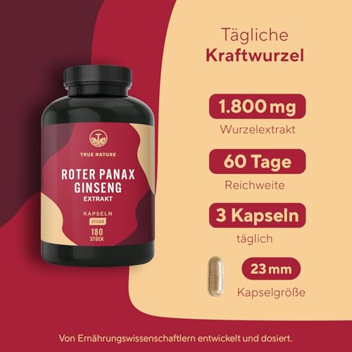 Roter Panax Ginseng | 600 mg (20% Ginsenoside) - 180 Ginseng Kapseln - Vegan & ohne unerwünschte Zusätze - Laktose- & glutenfrei - TRUE NATURE – Bild 5