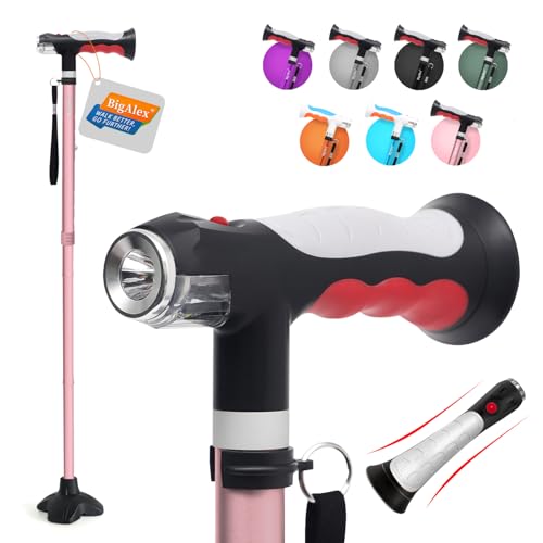 BigAlex Folding Walking Cane with Two Led Lights for Elderly Solid Base Adjustable Walking Stick with Carrying Bag for Men Women