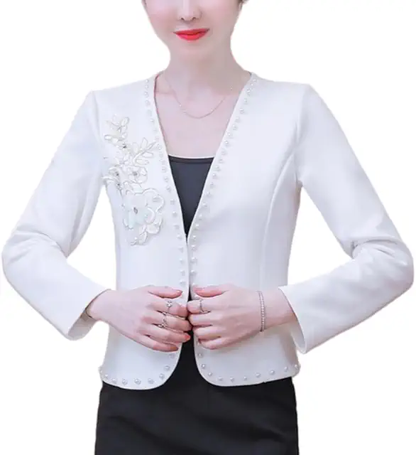 Women's Pink Blazer Jacket with Pearl Trim and 3D Flowers - Summer Slim Bolero