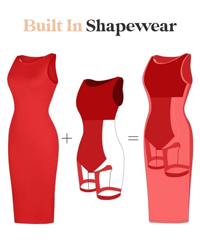 Image of Popilush Shapewear Dress Tummy Control Midi Work Dresses for Women Office Elegant Sleeveless Boat Neck Pencil Dress