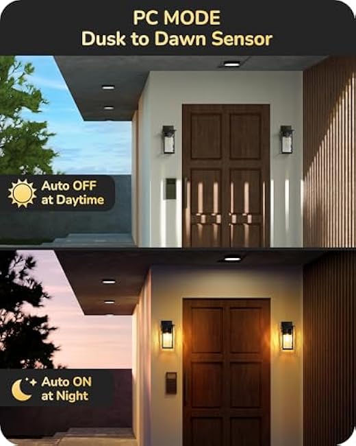 EDISHINE 2 Pack Outdoor Wall Light, Dusk to Dawn Exterior Light Fixture, Modern Porch Light Wall Mount Sconce, Clear Water Ripple Glass, Black Metal Outside Wall Lantern for Front Door Garage Patio