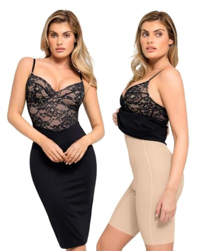 Image of Popilush Lace Midi Dress Shapewear Dresses for Women V-Neck Slip Adjustable Straps Bodycon Slip with Underwire