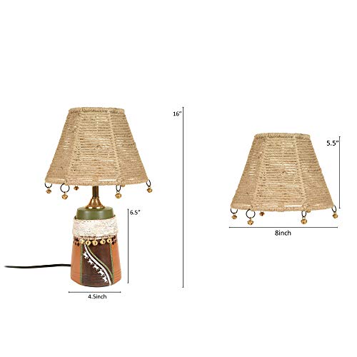 Image of AAKRITI ART CREATIONS Terracotta Table Lamp for Study Room, Bedroom & Living Room Decoration | Kalamkari Handwoven Tribal Pattern Bedside Lamp with Jute Fabric Shade | Aesthetic Night Lamp