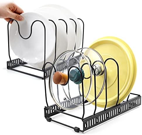 HiEthan Pots and Pans Organizer,10+ Expandable Pot Rack Organizer,Adjustable Lid Organizer Holder for Kitchen Cabinet Pantry Bakeware(Black)