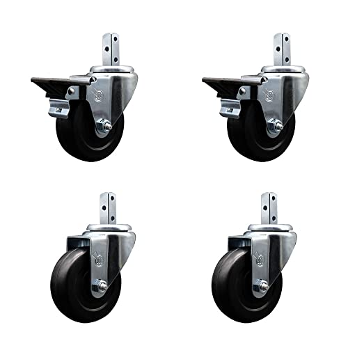 Swivel Square Stem Caster Set 4 w/3.5” x 1.25” Black Hard Rubber Wheel-7/8” x 2” Square Stem with (3) 17/64” Diameter Mounting Holes-Include 2 Posi Lck Brakes-1140lbs. Cpty/Caster-Service Caster Brand