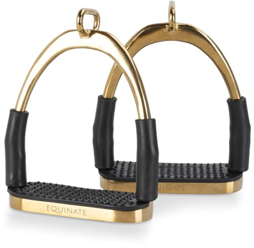 Equinate Sicherheitssteigbügel Charles 10cm Gold - Mit Anti-Rutsch Trittfläche aus Gummi - Steigbügel für Erwachsene und Kinder - Entlastet die Fußgelenke - 2 Stück