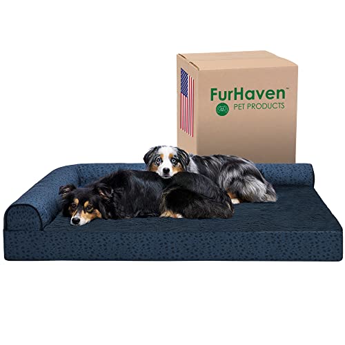 Image of Furhaven Cooling Gel Dog Bed for Large Dogs w / Removable Bolsters & Washable Cover, For Dogs Up to 125 lbs - Plush & Almond Print L Shaped Chaise - Blue Almonds, Jumbo Plus /XXL