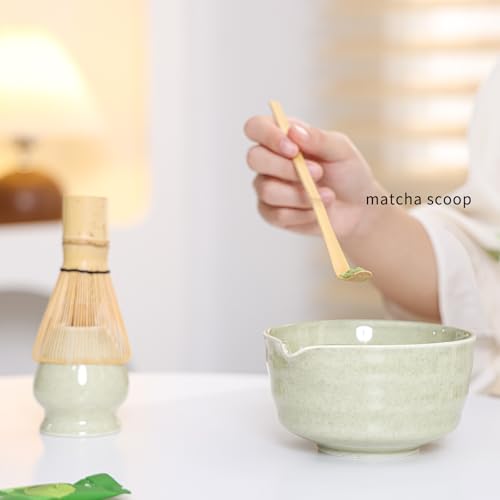 Matcha Set Match Bowl with Spout and Matcha Whisk Holder Whisk Tea Set Includes and Bamboo Scoop Ceramic 17 OZ - 4pc Perfect Matcha Kit for Matcha Tea Ceremony (Mottled Green)