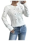 BEAUDRM Women's Y2k Star Print Crochet Knit Crewneck Sweater Hollow Out Long Sleeve Pullover Knit Top White Small