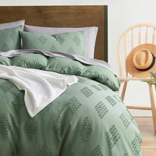 Image of Hearth & Harbor Boho Bedding Sets & Collections - Boho Duvet Cover Twin, 2 Piece Twin Duvet Cover Set, Double Brushed Green Duvet Cover with Zipper Closure, 1 Duvet Set 68x90 inches and 1 Pillow Sham