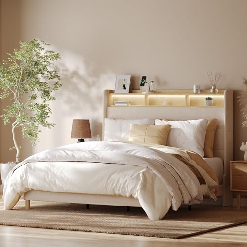FLEXISPOT 51” Queen Bed Frame with LED Lights, Charging Station & Storage Shelf, Elegant Corduroy Upholstered Platform Bed with Tall Wingback Headboard, No Box Spring Needed, Beige