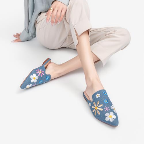 Image of Tilocow Women's Pointed Toe Flat Mules Backless Slip On Loafers