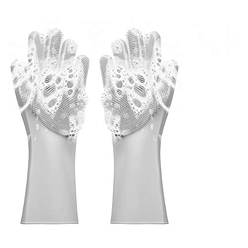 Preisvergleich Produktbild OOK Magic Silicone Gloves Wiederverwendbare Silikon-Geschirrspülhandschuhe 2er-Pack Gummihandschuhe mit Schwammwäschern zum Waschen von Geschirr, Küche, Auto, Bad und Tierhaaren (grau)