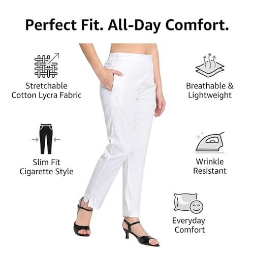 Image of BLUE STAR SHARK Stretchable Cotton Lycra Cigarette Pants | Versatile and Stylish Women's Pants | Comfortable Slim Jeggings | Ankle Length Straight Trousers for Office, Formal, Casual Wear