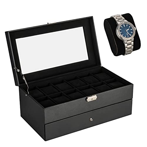 Caja para joyas y relojes, color negro, 12 relojes de almacenamiento y almacenamiento de joyas, caja de almacenamiento para relojes para hombre y mujer, 12 relojes (negro) Cover