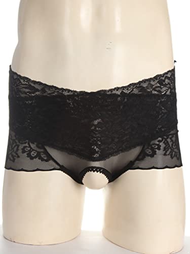 Hularka Men's Sissy Panties Floral Lace High Waist Mesh Briefs Underwear Crossdressing Panty Black Large #TOP2