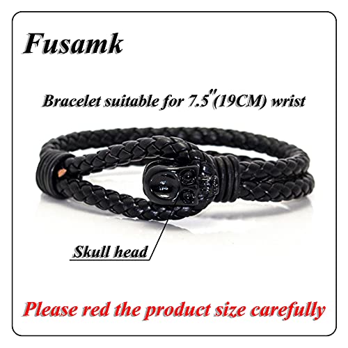 Fusamk Punk Rock Alloy Skull Leather Cuff Bracelet(Black) #TOP1