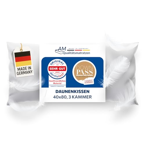 DormiGood Daunenkissen 40x80 - Made in Germany 3 Kammer Kopfkissen 40x80cm - Außenkammer aus 100% Daune - Federkissen 40 x 80 Allergiker geeignet - Kopfkissen 40x80 Federn und Daunen Füllung