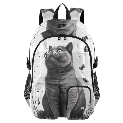 Mochila para laptop gris con diseño de gato británico para universidad y oficina