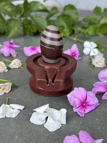 Image of Shivam VASTU AKAL 1.5 inch Original Narmadeshwar Narmada Shivling with 3 inch Narmada Stone Yoni Base Jaladhari (Janeudhari Shivling, Brown Damru Jaladhari)