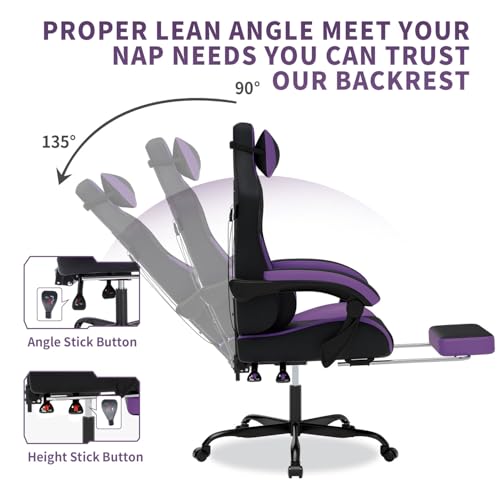 Image of Gaming Chair with Massage,Ergonomic PC Gaming Chair with Footrest Comfortable Headrest and Lumbar Support,High Back Game Chair PVC Leather,300LBS (BlackPurple)