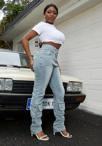 Vakkest Sexy High Waisted Skinny Jeans for Women Bodycon Crossover Stretchy Denim Cargo Pants Streetwear with Pockets4