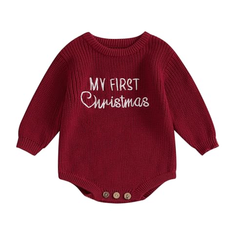 Image of Lesimsam Newborn Baby Boy Girl Christmas Outfit Knit Sweater Romper Oversized Long Sleeve Bubble Romper Warm Winter Clothes (My First Christmas-Wine Red, 0-3 Months)