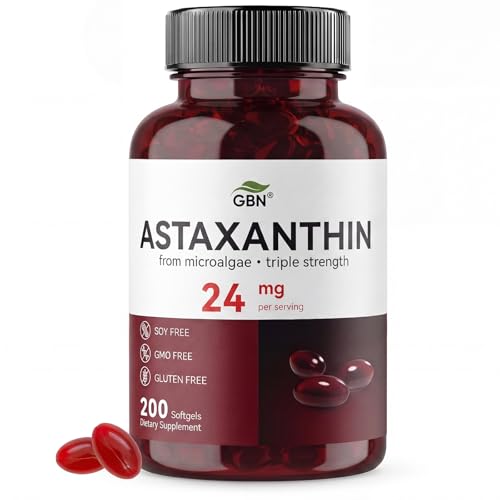 GBN Astaxanthin Supplements 24mg 200 Softgels Supports Eye Skin Joint Brain Heart & Immune System Health Stamina & Healthy Aging for Women & Men Fresh Microalgae Source