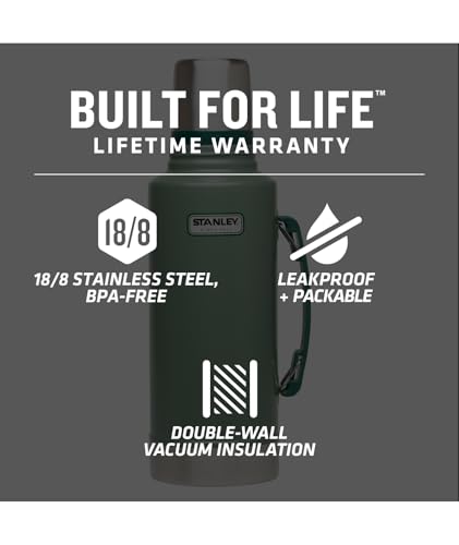 Image of Stanley Heritage Classic Vacuum Bottle with Handle 2.0 qt | Wide Mouth with Leakproof Cup Lid | Keep Drinks Hot Cold for Travel-| Insulated Stainless Steel -| BPA-Free-| Hammertone Green,(Pack of 4)