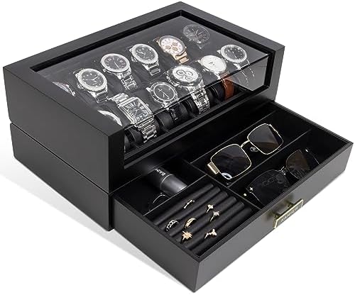 KAMIER 12 Slots Watch Box Case Organizer Display for Men,Two-Tier Wooden Watch Box Organizer For Men with watch holder and Drawer,Black