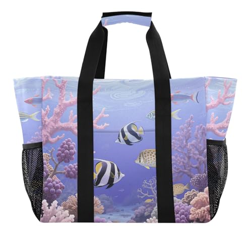 Purple Coral and Fish Patterns Beach Tote Pool Bags for Women Ladies Large Waterproof Gym Tote Carry On Bag for Weekender Swim Gym Shopping Travel Daily Bag