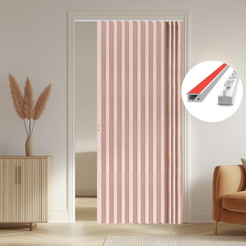 Image of AJAZZ 100% Blackout Accordion Door Invisible Folding Door Accordion Doors Interior Magnetic Door Curtain for Bedroom Living Room Doorway Curtain Sets Included Tracks (1Panel, 53W x 80 L, Pink)