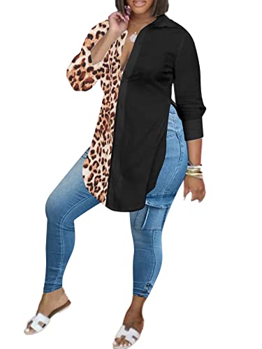 Image of LYANER Women's Collar Neck Long Sleeve Button Down Shirts Sexy Split Hem Tops Long Blouse Shirt Dress
