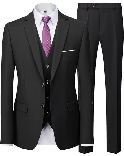 Men's 3 Pieces Suit Set Solid Two Button Slim Fit Party Prom Business Wedding Jacket Blazer Vest Pants with Tie
