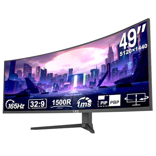 LXZ 49 Zoll Curved Gaming Monitor 165 Hz, 5120 x 1440P DQHD Ultrawide Curved Monitor, 1500R 32:9 Computer Monitor with FreeSync&G-Sync, Height-Adjustable, HDMI 2.1 & DP 1.4, VESA 75 x 75 mm