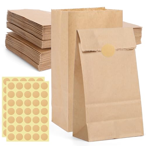 50pcs Mini Kraft Paper Bags with Stickers Brown Paper Bags Samll Recyclable Kraft Sack Lunch Bags Snacks Bags Grocery Bags for Food Storage & Packing Favor Gift Wrapping Bags（3.5 * 2.2 * 7.1 Inch）