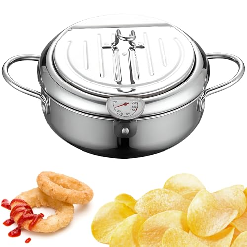 Mini Freidora Japonesa de de Acero Inoxidable, con Tapa, Filtro de Aceite y Termómetro. Acero Inoxidable 304. Diámetro de la Olla: 21 Cm (11 Pulgadas). Diseño Desmontable L(4.2L)