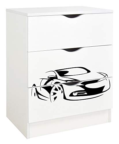 Leomark Commode en Bois avec 3 tiroirs - Roma - Meuble pour Chambre d'enfant, Meuble de Rangement, Hauteur: 78 cm, Impression UV: Car Sport
