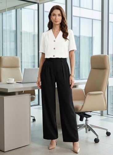 EVALESS Blouses for Women Dressy Casual Summer Short Sleeve Button Down Shirts Business Work Tops Trendy 2026 White L
