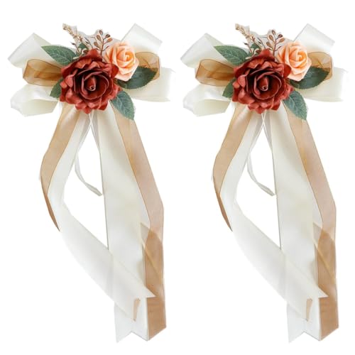 Tomedeks Lot de 2 nœuds de voiture en soie - Décoration de voiture de mariage - Simulation de rose - Nœud de voiture - Poignée de porte