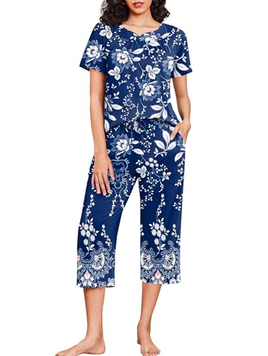 Ekouaer Capri Pajamas Short Sleeve Mumu Pjs Sets 2 Pieces Pleated Top and Capri Pants Sleepwear Loungewear for Women Blue Flower Medium