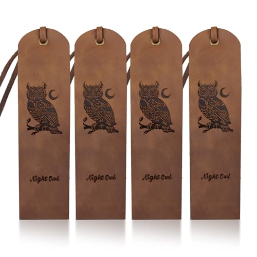 MAYJOYDIY 4pcs Owl Moon Leather Bookmarks 5×18cm Night Owl Cowhide Vintage Leather Book Markers Genuine Handmade Page Markers for Men Women Lovers Gift Book Lovers Reading Office Supplies